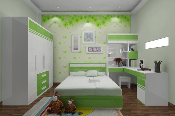 Phòng ngủ bé trai với màu xanh lá cây.